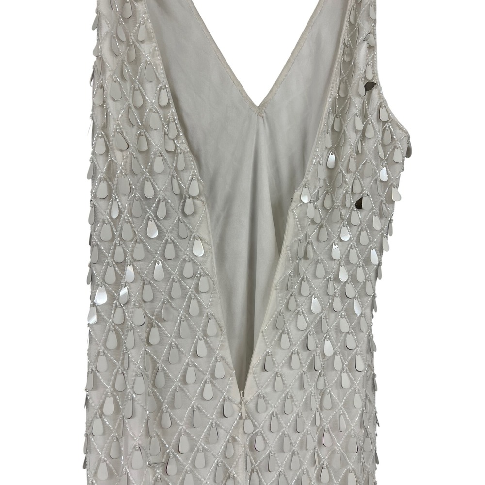 Liv Foster Beaded Sequin Lattice V-Neck Mini Dress Ivory Silver Size 6 - Picture 6 of 7